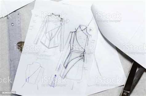 Drawing Sketches On Paper Fashion Designer Stock Photo Download Image