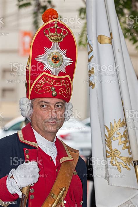 Portrait Of A Medieval Soldier That Marching On The Street Stock Photo