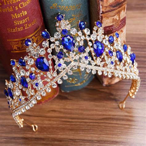 Royal Blue Tiara For Women Sapphire Crown Blue Gold Diamante Etsy