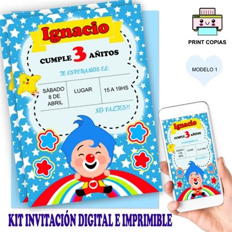 Tarjeta Invitación Digital E Imprimible Payaso Plim Plim M1 PrintdiseÑos
