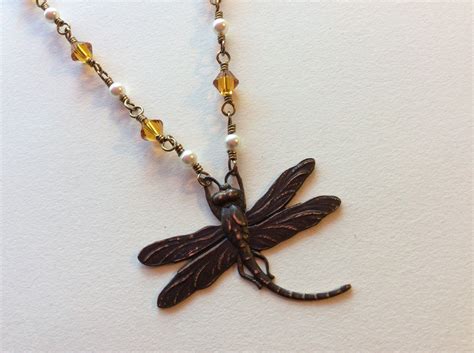 Dragonfly Pendant With Amber Crystals And Pearls By Dharmaflowerjewels