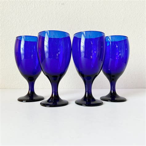 4 Vintage Libbey Teardrop Cobalt Blue Water Goblets Set 90s Blue Drinkware Glasses Blue