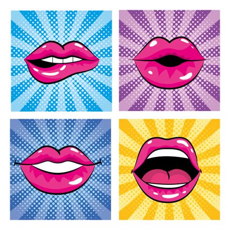 Reviví una nueva edición con toda la información y toda la diversión a lo boca. Set de boca pop art con dientes y lengua. | Vector Premium