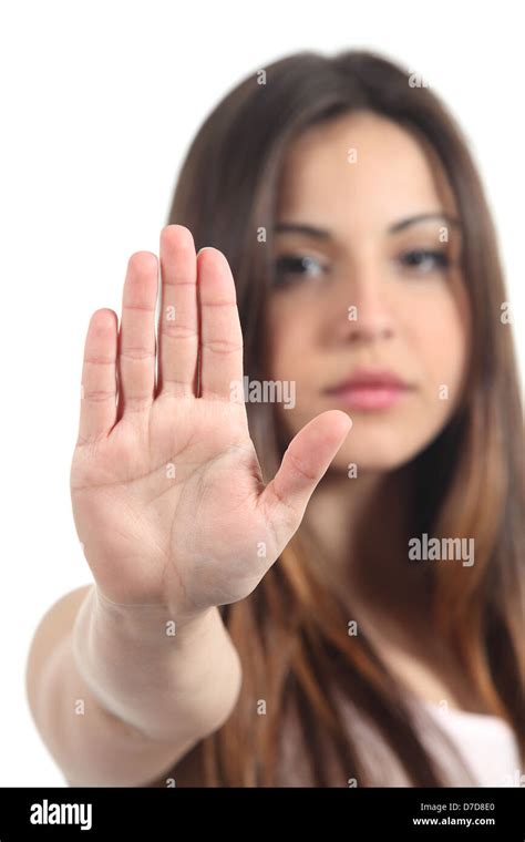 Woman Making Stop Gesture With Her Hand Isolated On A White Background
