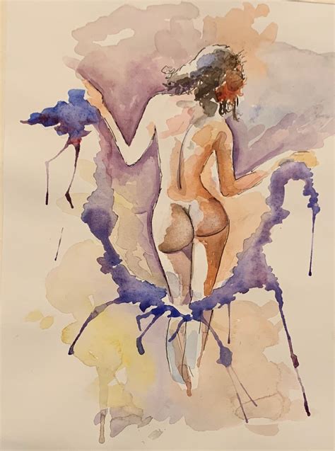 Nude Woman With Purple Splash Original Watercolor Painting
