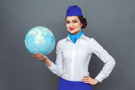 Professional Occupation Stewardess Standing Isolated On Grey Showing