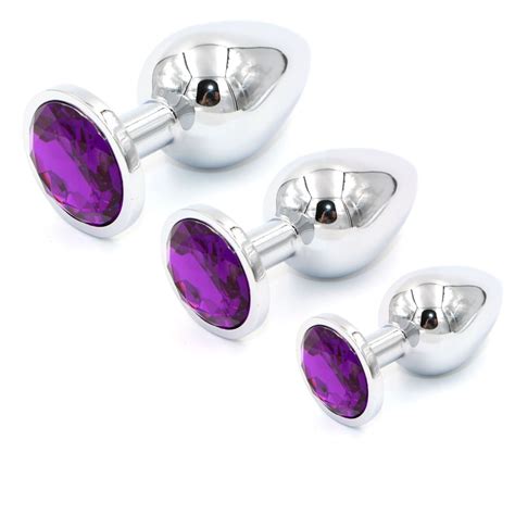 metal anal butt plug stainless steel 3 sizes s m l beginner trainer purple jewel