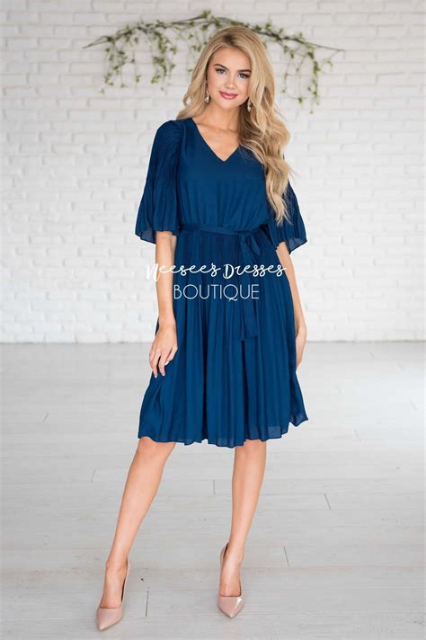 Navy Pleated Tie Waist Modest Dress Best Place To Buy Modest Dresses