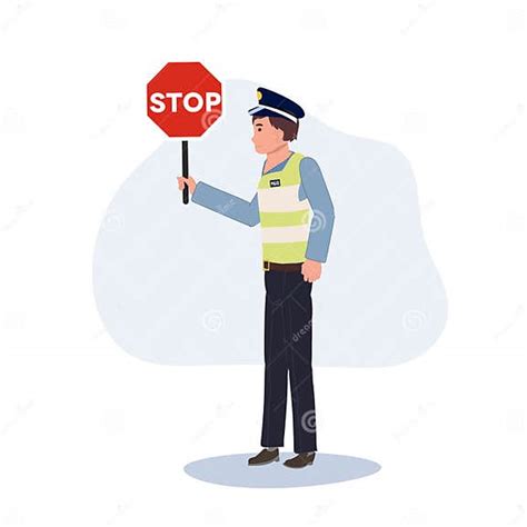 A Traffic Police Holding Stop Sign Flat Vector Cartoon Illustration