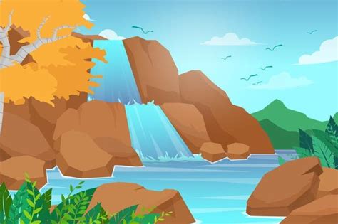 山脈の滝。岩と水。池と湖。雲と鳥の空、自然の風景。漫画フラットイラストスタイル 無料のベクター