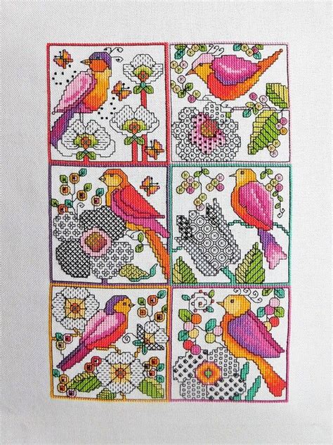 Simple Blackwork Flowers With The Addition Of Brightly Coloured Birds