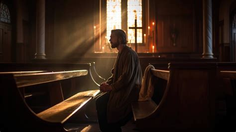 In A Dimly Lit Chapel Jesus Sits On A Wooden Pew His Face Illuminated By The Flickering