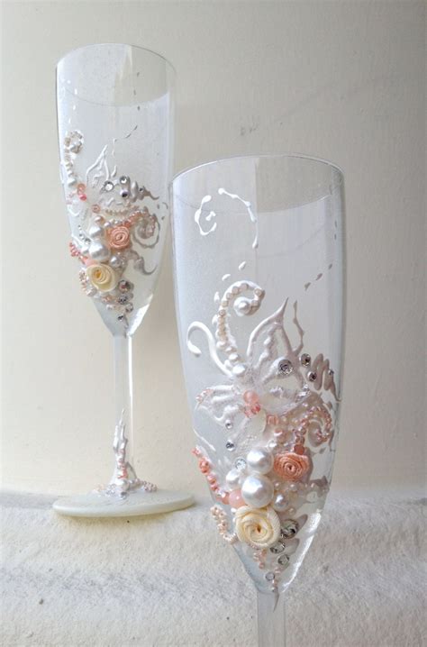 wedding champagne flutes hand decorated with by purebeautyart