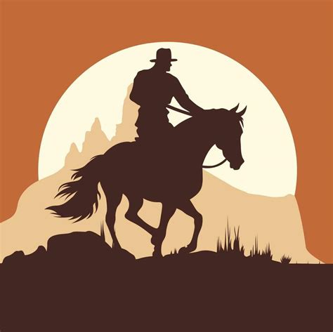 Cowboy Riding A Horse Into Sunsetsilhouette Visible Against Orange Sky