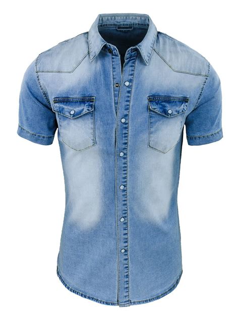 Camicia Di Jeans Uomo Celeste Denim Manica Corta Slim Fit Aderente S M L Xl Xxl