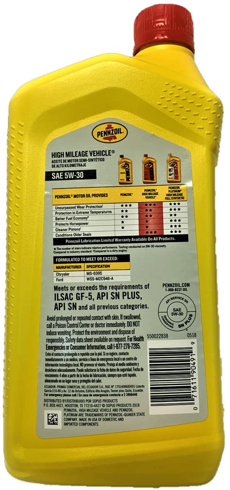 Pennzoil High Mileage Sae 5w 30 Motor Oil The Petroleum Quality