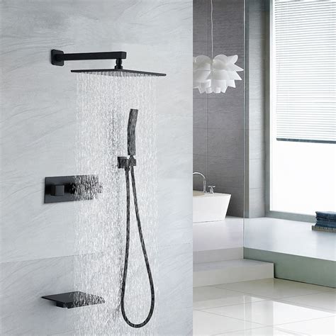 contemporary 10 wall mounted square rain shower system with hand shower and waterfall tub spout