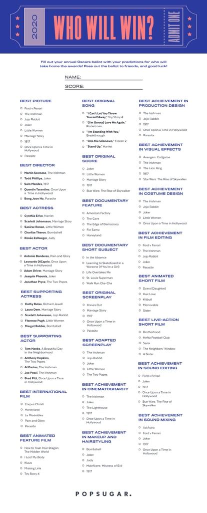 Printable Oscars Ballot 2020 Popsugar Entertainment