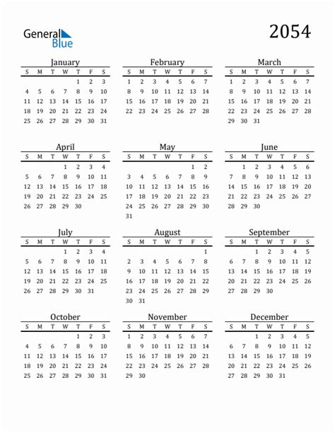 Free 2054 Calendars In Pdf Word Excel