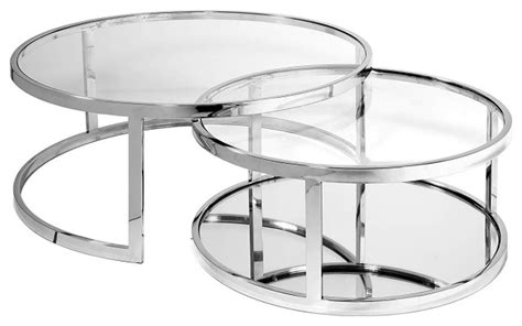 Set Of 2 Nesting Coffee Tables Polished Chrome Metal Base With Round Glass Top Contemporary
