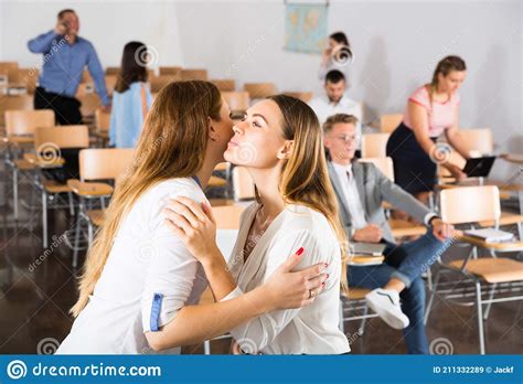 Two Females Kissing Each Other By Meeting Stock Image Image Of Smile