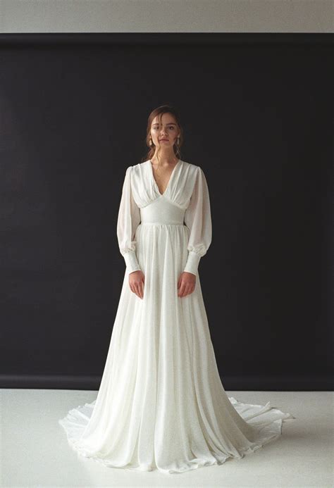 Long Sleeve Wedding Dress Boho Bishop Sleeve Wedding Dress Etsy