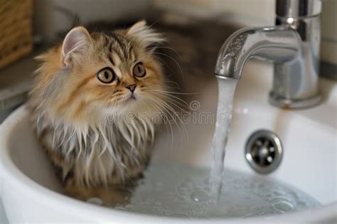 Un Gato Persa Mullido En Un Lavabo Bajo Agua Corriente Foto De Archivo