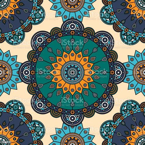 Seamless Medallion Pattern In Teal Blue Orange And White Stock