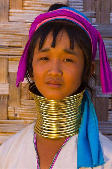 The rings are a traditional symbol of beauty but they also extend the necks of the women. Young long necked Padaung tribe woman wearing neck rings, Nyaungshwe, Shan State, Myanmar, Burma ...