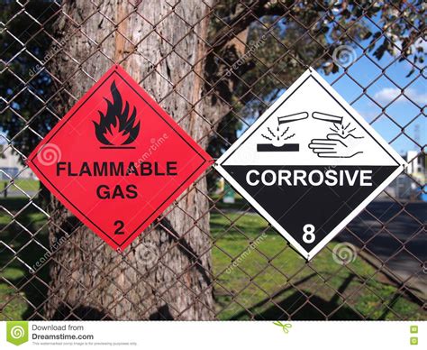 Signs For Flammable Liquids And Corrosive Substances At A Fence Stock