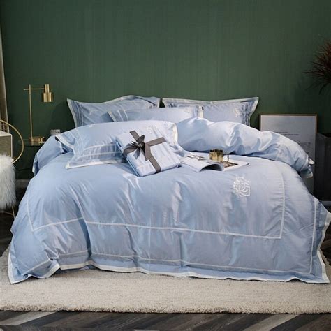 Luxury 600tc Egypt Cotton Classic Sky Blue Bedding Set Embroidery Silky