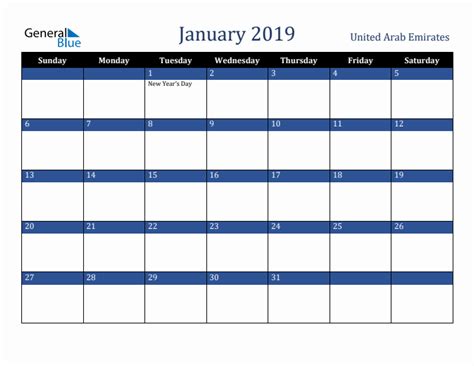 January 2019 Calendar With United Arab Emirates Holidays