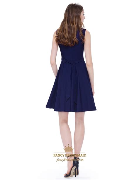 Navy Blue Simple Knee Length Sleeveless A Line Chiffon Cocktail Dress With Belt Fancy