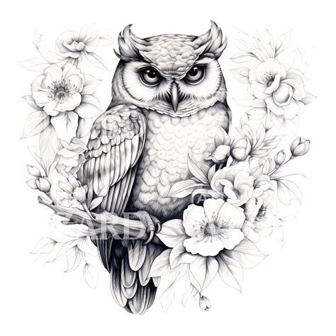 Black And Grey Owl And Flowers Tattoo Design Tattoos Wizard Designs