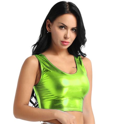 Sexy Womens Shiny Metallic Sleeveless Vest Clubwear Crop Top Dance Tank Tops Ebay