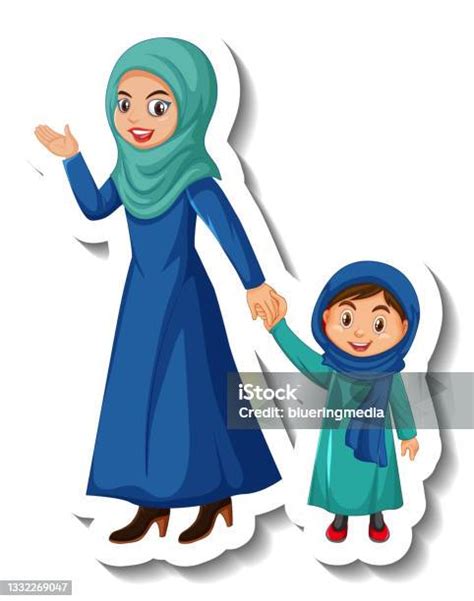 Ibu Muslim Dan Putrinya Kartun Karakter Stiker Di Latar Belakang Putih