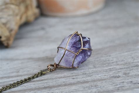 Amethyst Wire Wrapped Stone Mineral Jewelry Purple Stone Necklace
