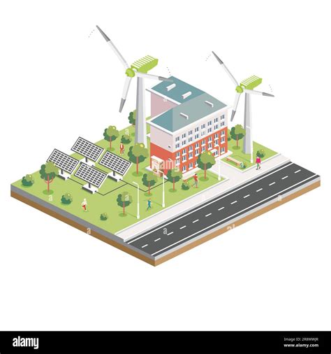 Isometric Solar Panels with Wind Turbine. Green Eco Friendly House