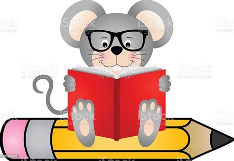Cute Mouse Reading Book Sitting On Pencil Stock Illustration Download