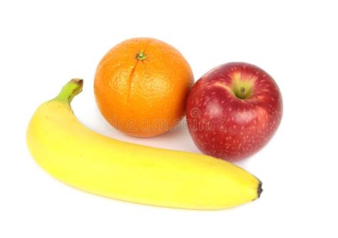 Orange Apfel Und Banane Lokalisiert Auf Weißem Hintergrund Stockfoto