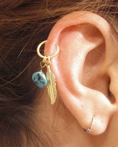 Turquoise Gold Cartilage Hoop Feather Earring Boho Tragus Helix