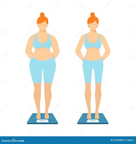 overweight woman normal weight woman a fat and thin woman is standing on the scales isolated