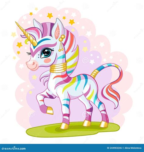 Cute Cartoon Rainbow Zebra Unicorn Vector Illustration Stock Vector