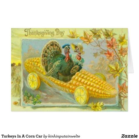 Turkeys In A Corn Car Holiday Card Vintage Thanksgiving