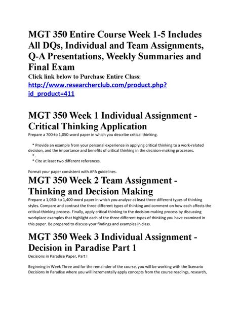 Mgt 350 Complete Class Week 1 5 Includes All Dqs Individual And Team