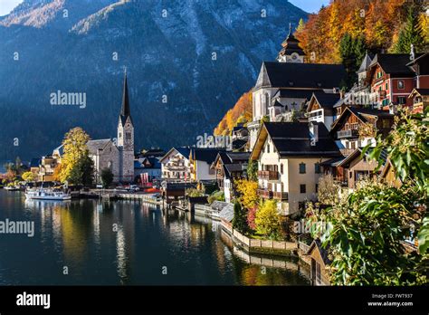 Historic Village In Autumn Hallstatt Austria Stock Photo Alamy