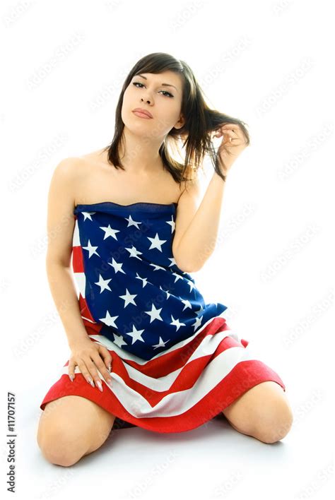 Sexy Beautiful Nude Woman Wrapped Into An American Flag Stock Photo