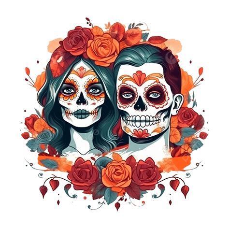 Día Mexicano De Los Muertos Pareja Flores Ilustración Png Dia De
