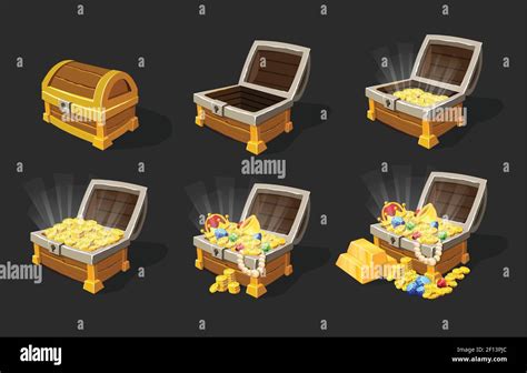Isometric Treasure Chests Animation Set With Closed Empty Full Of Gold