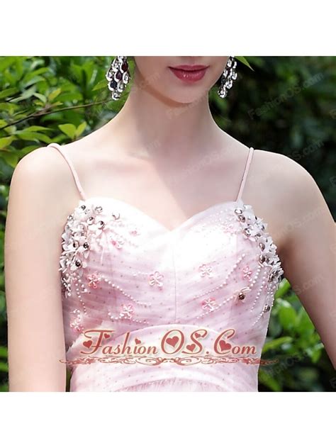 Pink A Line Princess Spaghetti Straps Knee Length Tulle Beading Prom